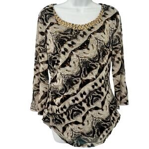 Alfani Brown Cream Animal Print Long Sleeve Beaded Scoop Neck Blouse Top size L